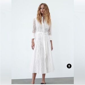 NWT ZARA BELTED SHIRTDRESS SIZE M Midi dress  Tied self belt embroidered eyelet